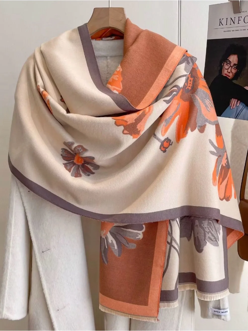Luxury Floral Print cashmere wool blend Women's Scarf in Cream and Coral